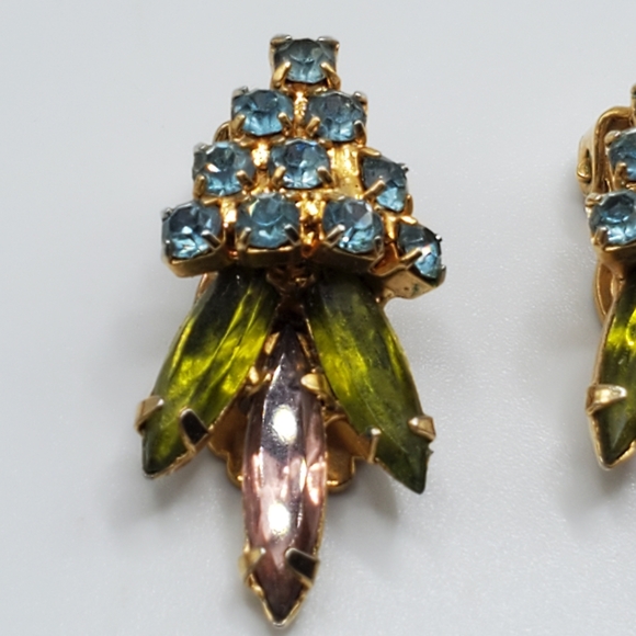 Vintage Juliana clip earrings navette Rhinestones flower pots 50's 60's Glam - Picture 7 of 7